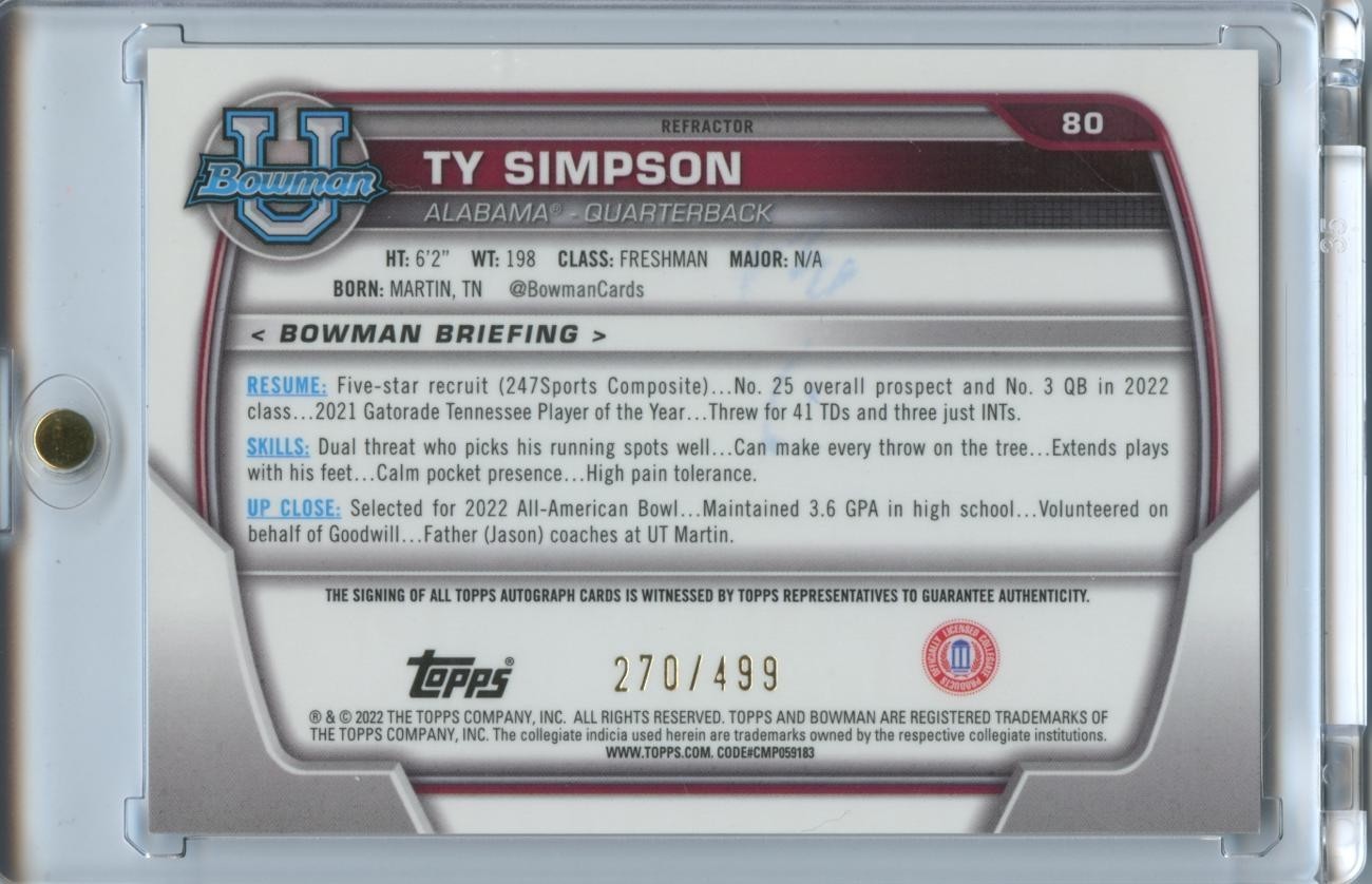 Ty Simpson 2022 Bowman Chrome 1st Auto Autograph RC Alabama Crimson Tide 270/499