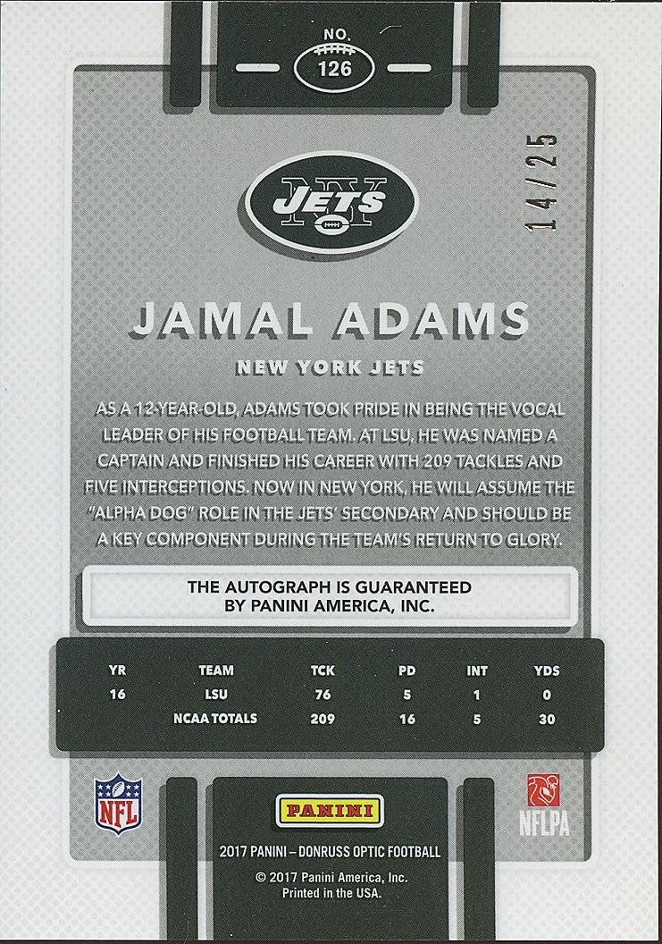 Jamal Adams 2017 Optic Black Prizm Auto Autograph RC New York Jets 14/25