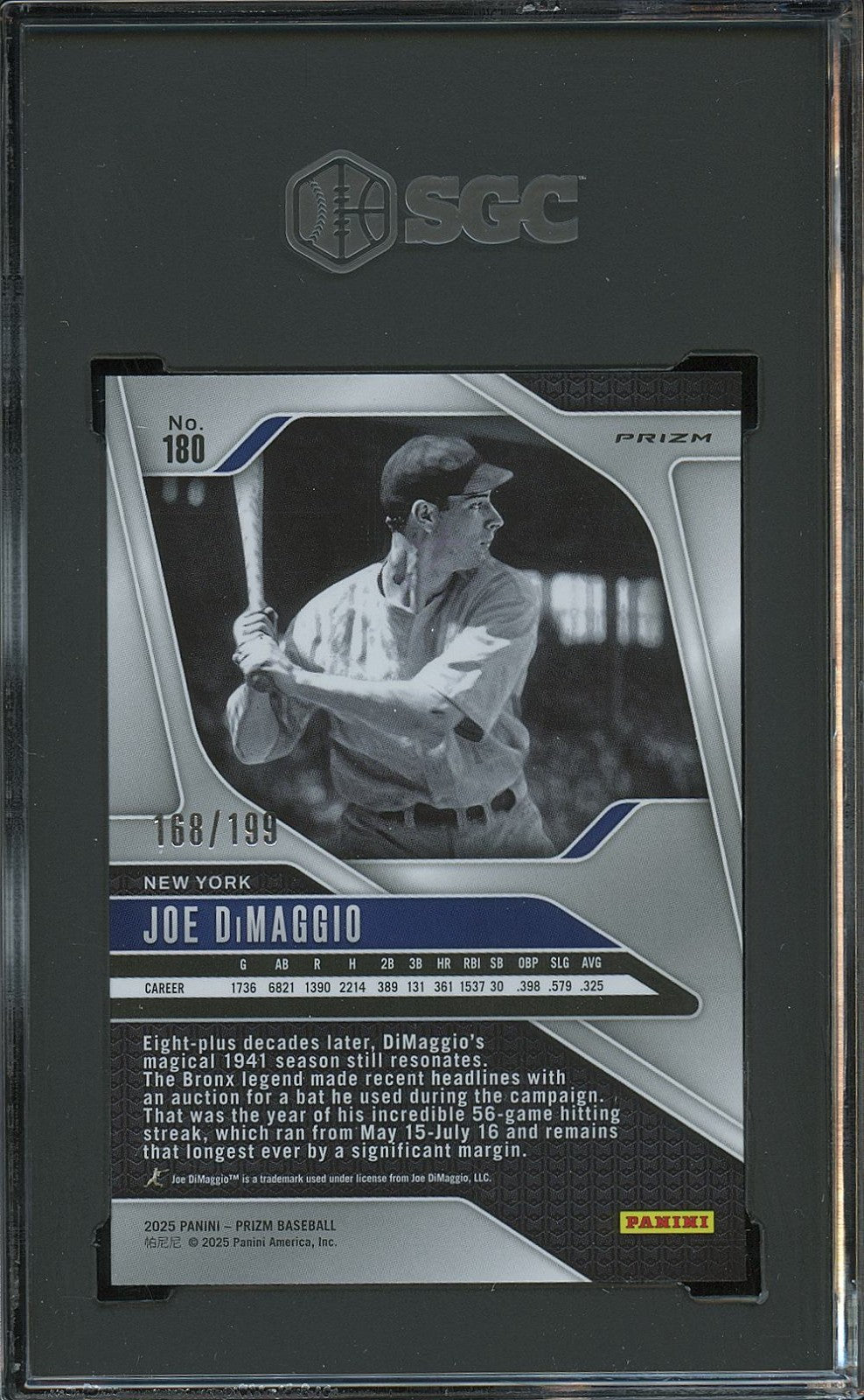 Joe Dimaggio 2025 Prizm Blue Prizm New York Yankees 168/199 SGC 9.5
