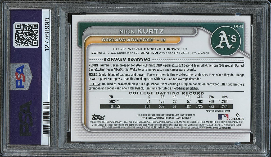 Nick Kurtz 2024 Bowman Chrome 1st Auto Autograph RC Oakland Athletics PSA 10