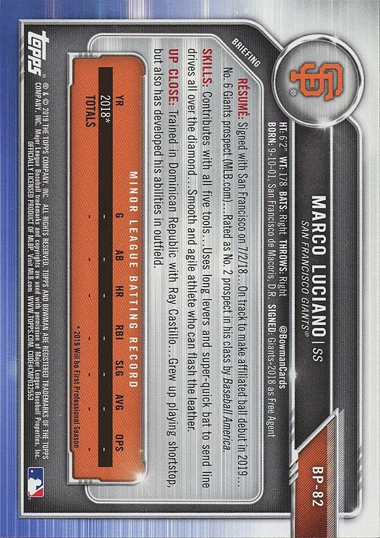 Marco Luciano 2019 Bowman 1st Rookie RC San Francisco Giants 1/1 #82
