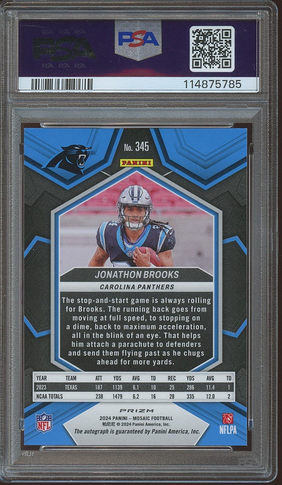 Jonathon Brooks 2024 Mosaic White SSP Auto Autograph RC Panthers PSA 9