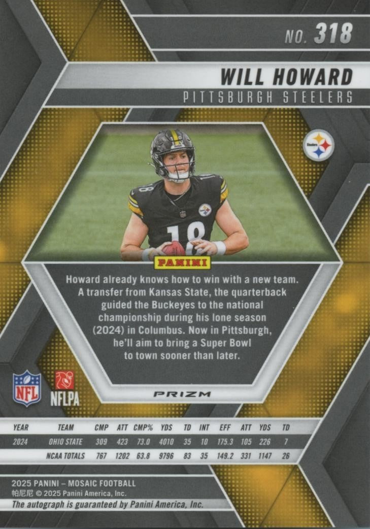 Will Howard 2025 Mosaic Auto Autograph Mosaics Rookie RC Pittsburgh Steelers