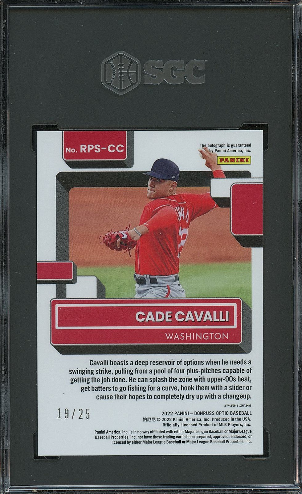 Cade Cavalli 2022 Optic Rated Rookie Auto Autograph RC Nationals 19/25 SGC 10