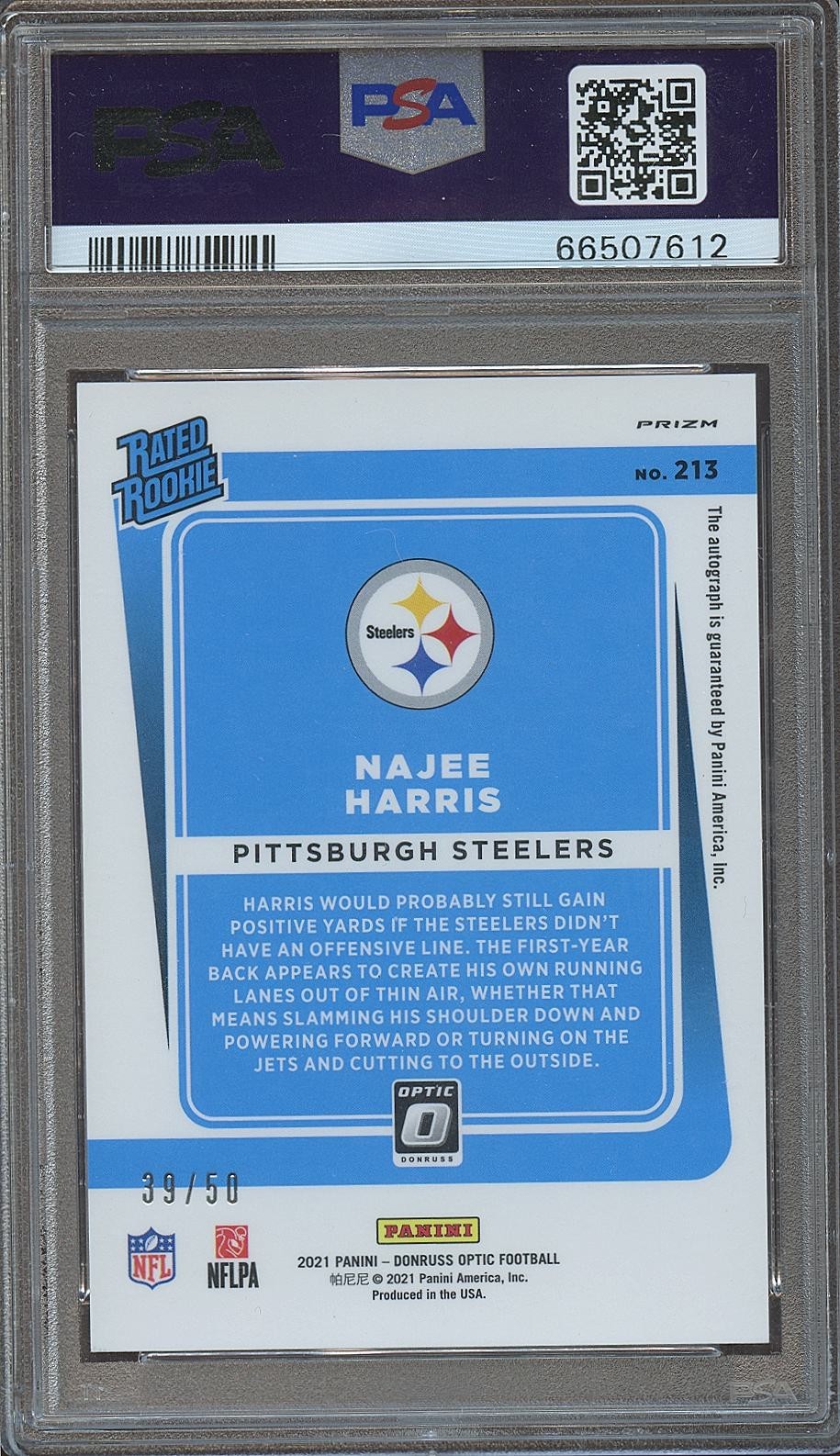 Najee Harris 2021 Optic Rated Rookie Auto Autograph RC Pink Steelers /50 PSA 10