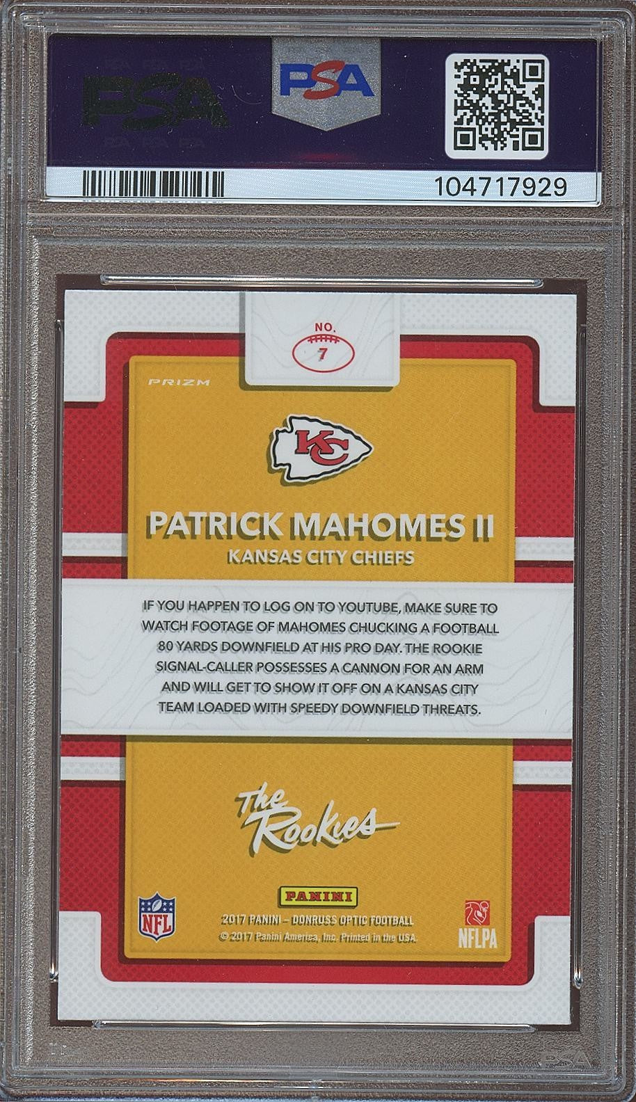 Patrick Mahomes II 2017 Optic The Rookies HOLO Prizm RC Kansas City Chiefs PSA 9