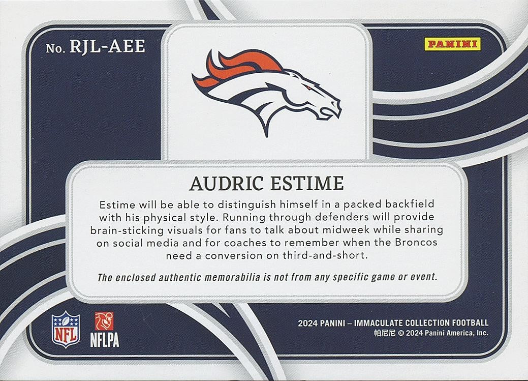 Audric Estime 2024 Immaculate Adidas Logo Patch RC Rookie Denver Broncos 8/15