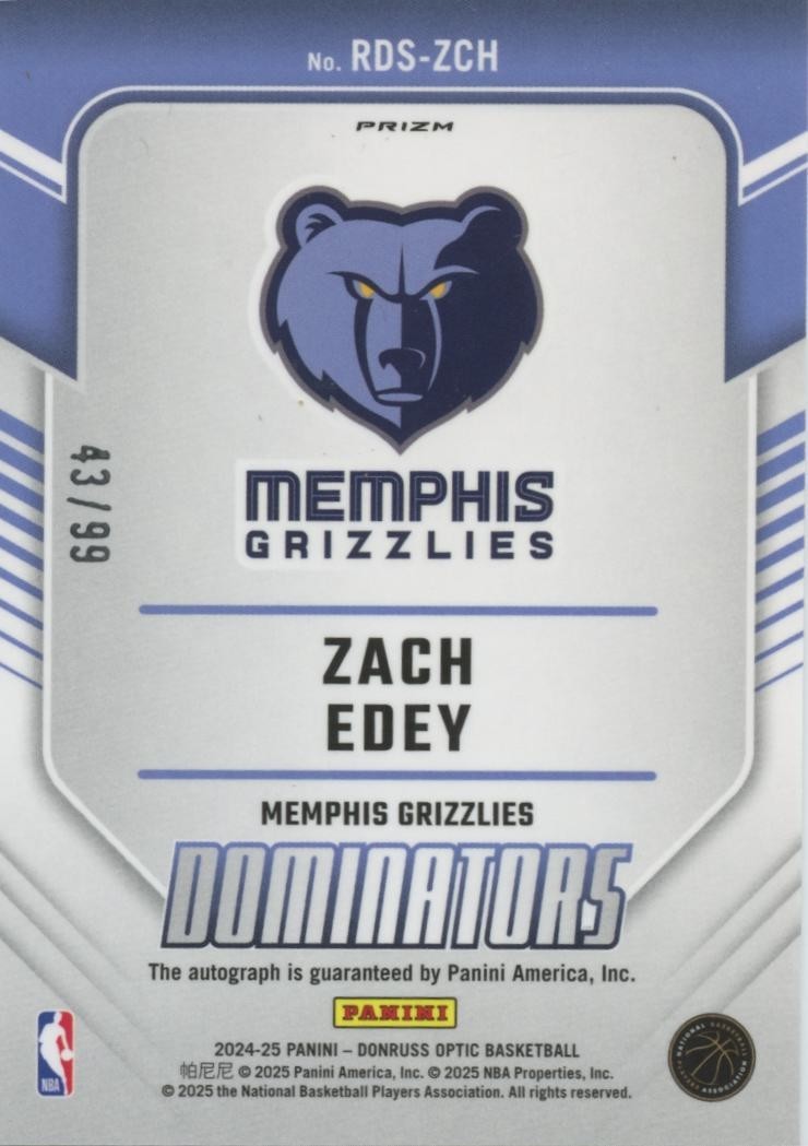 Zach Edey 2024-25 Optic Dominators Auto Autograph Rookie RC Grizzlies 43/99