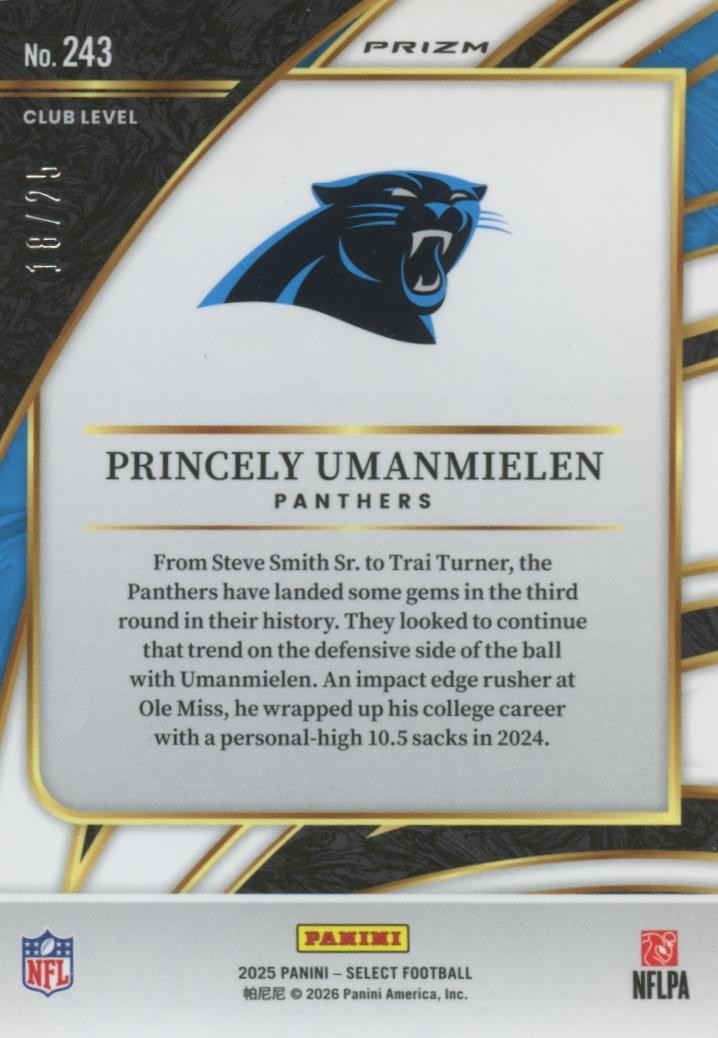 Princely Umanmielen 2025 Select No Huddle Blue Disco Prizm Rookie Panthers /25