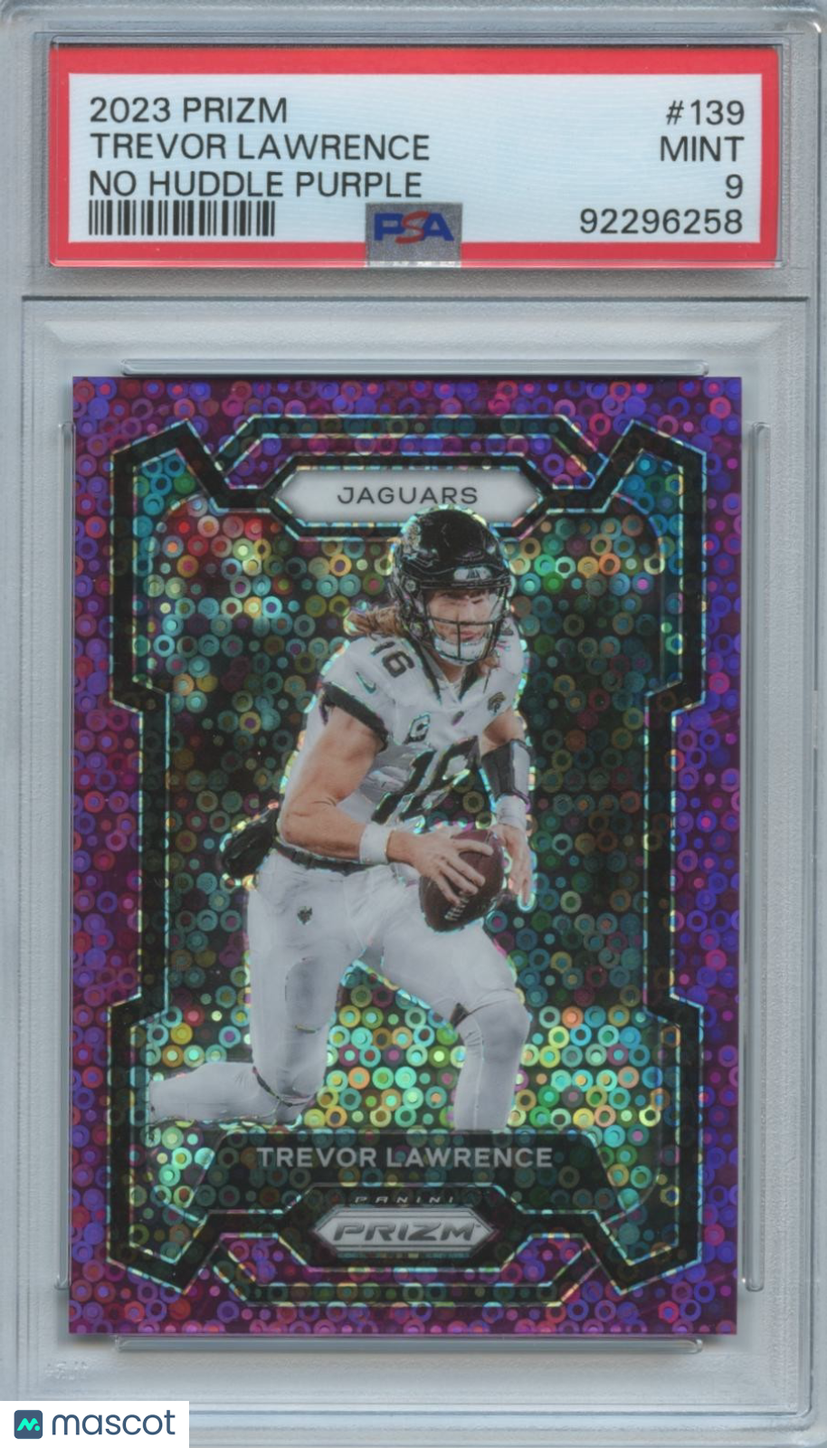 Trevor Lawrence 2023 Prizm No Huddle Purple Disco Jaguars 19/35 PSA 9