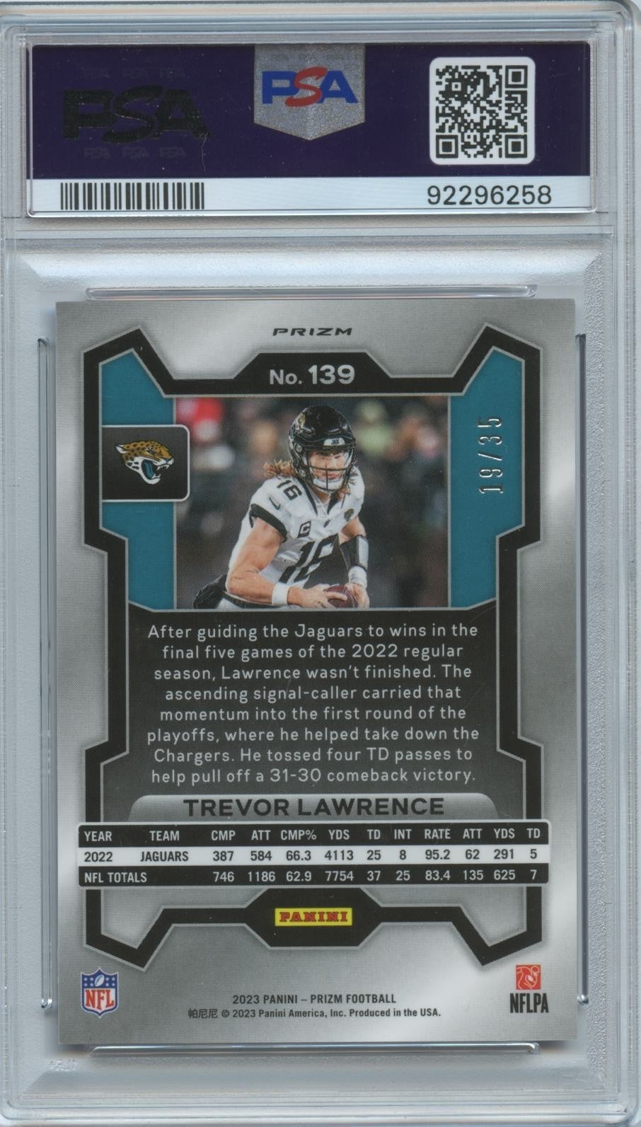 Trevor Lawrence 2023 Prizm No Huddle Purple Disco Jaguars 19/35 PSA 9