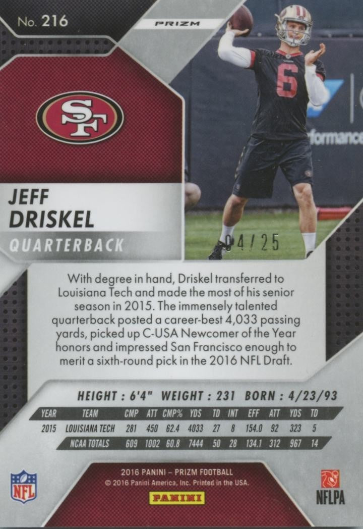 Jeff Driskel 2016 Prizm Blue Camo Prizm Rookie RC San Francisco 49ers 4/25