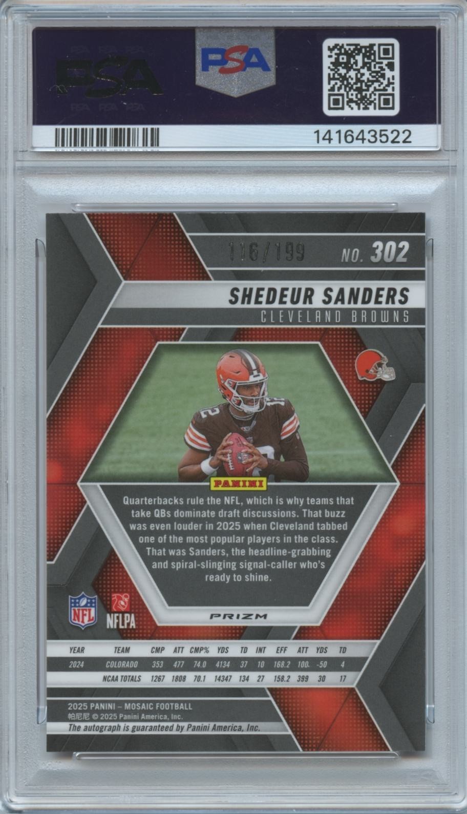 Shedeur Sanders 2025 Mosaic RED Auto Autograph RC Cleveland Browns /199 PSA 10