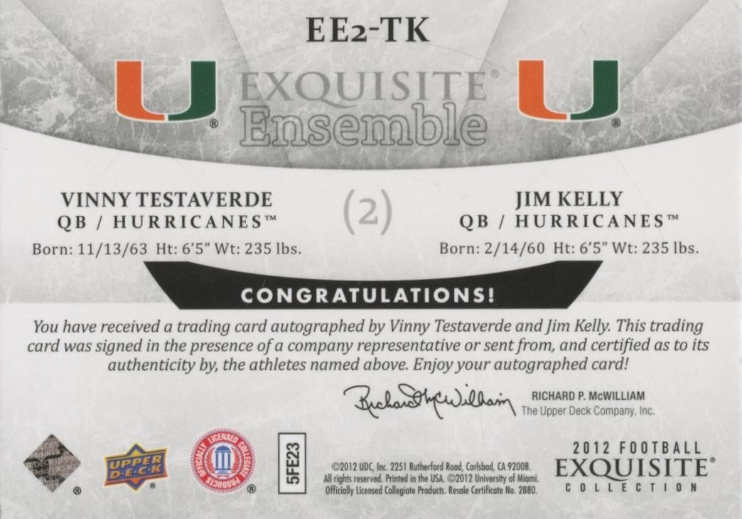 Vinny Testaverde / Jim Kelly 2012 Upper Deck Exquisite Autograph Miami 24/30