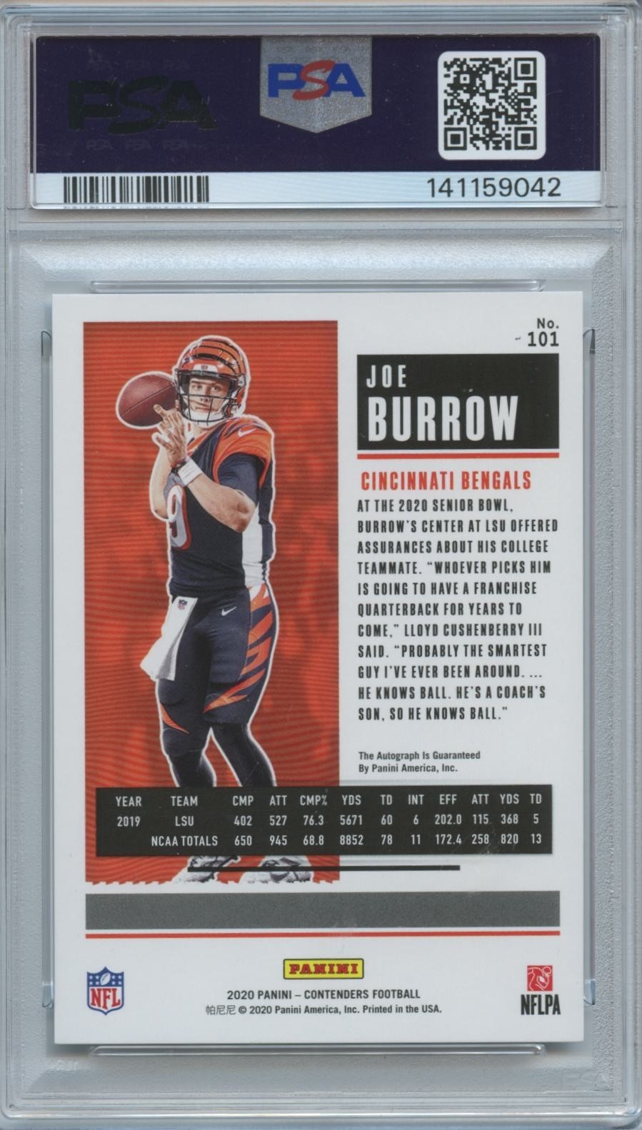 Joe Burrow 2020 Contenders Auto Autograph RC Cincinnati Bengals 21/99 PSA 9