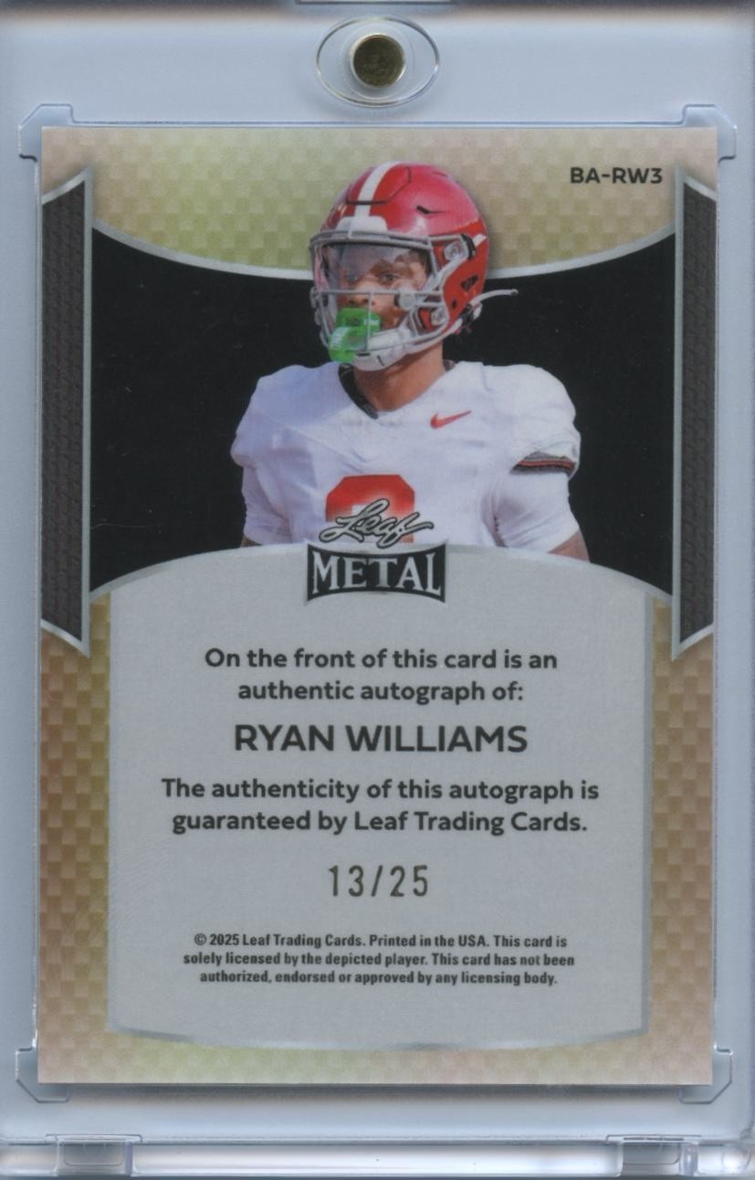 Ryan Williams 2025 Leaf Metal Auto Autograph RC Rookie Alabama Crimson 13/25