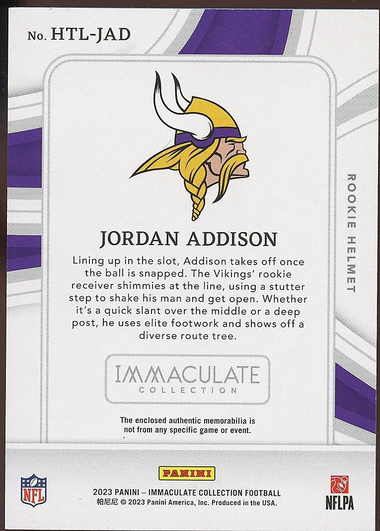Jordan Addison 2023 Immaculate Helmet Sticker RC Rookie Patch Vikings 10/17