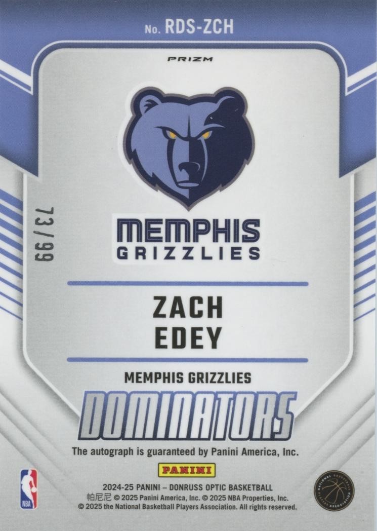 Zach Edey 2024-25 Optic Dominators Auto Autograph Rookie RC Grizzlies 73/99