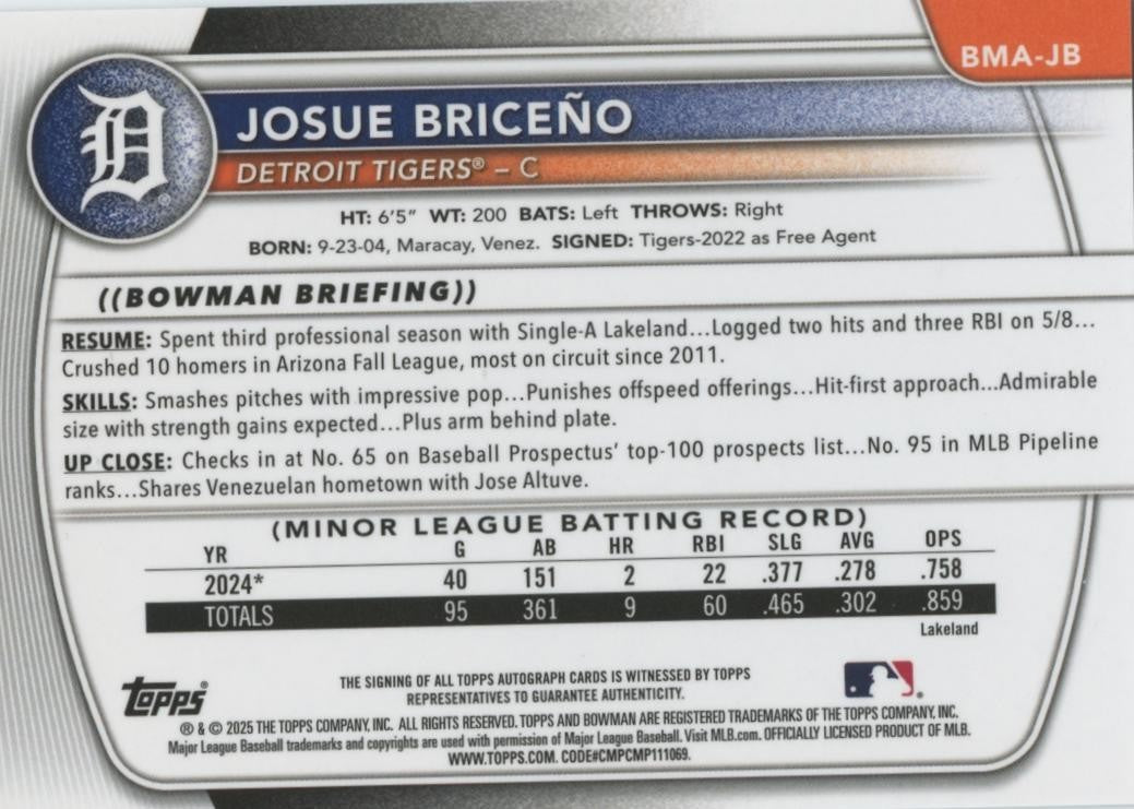 Josue Briceno 2025 Bowman Chrome 1st GOLD Mega Box Auto Autograph Tigers 13/50