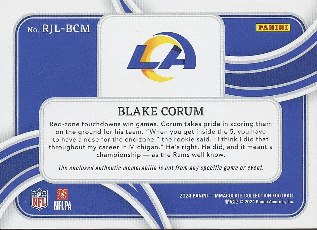Blake Corum 2024 Immaculate Jumbo Glove Patch RC Rookie Los Angeles Rams 3/5