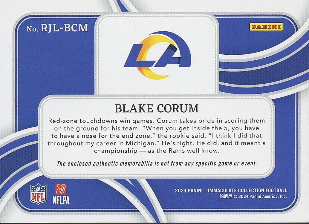 Blake Corum 2024 Immaculate Jumbo Glove Patch RC Rookie Los Angeles Rams 3/5