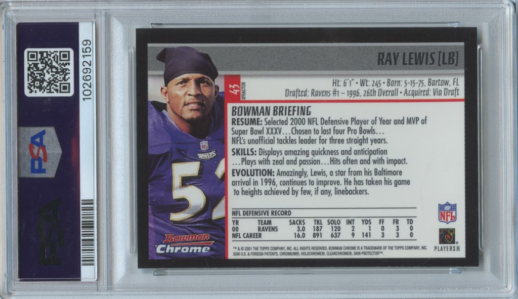 Ray Lewis 2001 Bowman Chrome XFractor Baltimore Ravens #43 PSA 9