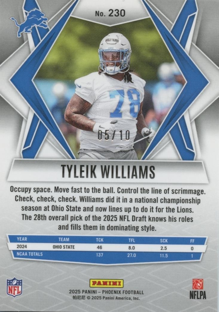 Tyleik Williams 2025 Phoenix GOLD Prizm Rookie RC Detroit Lions 5/10