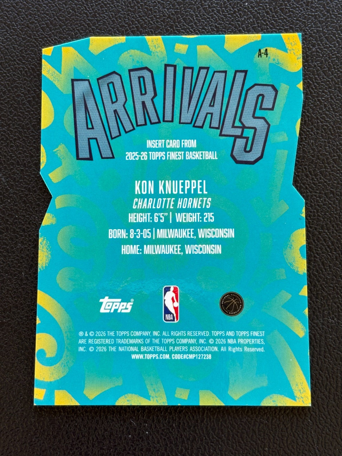 Kon Knueppel 2025-26 Topps Finest Arrivals Die-Cut Refractor RC Hornets 42/75