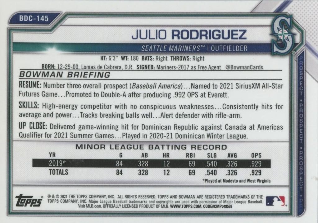 Julio Rodriguez 2021 Bowman Chrome Orange Refractor Prospect Mariners 7/25