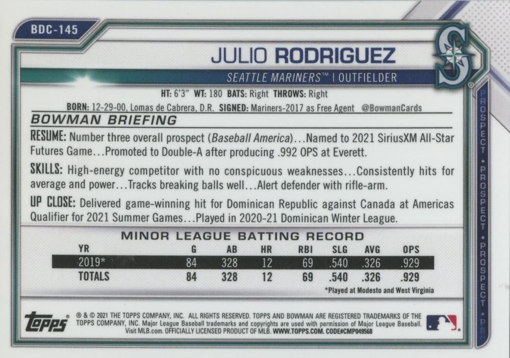 Julio Rodriguez 2021 Bowman Chrome Orange Refractor Prospect Mariners 7/25