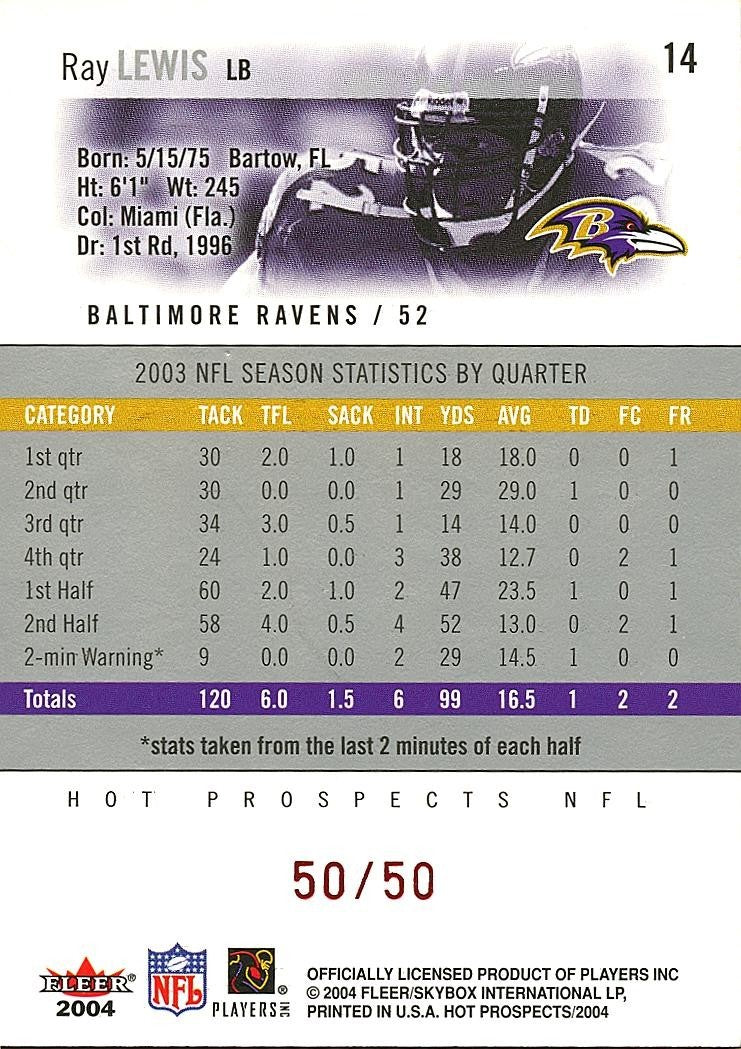 Ray Lewis 2004 Hot Prospects RED Hot Baltimore Ravens 50/50 #14
