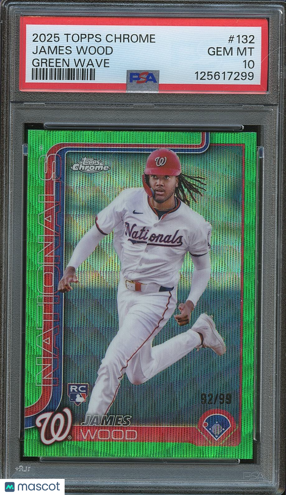 James Wood 2025 Topps Chrome Green Wave Refractor Rookie Nationals 92/99 PSA 10