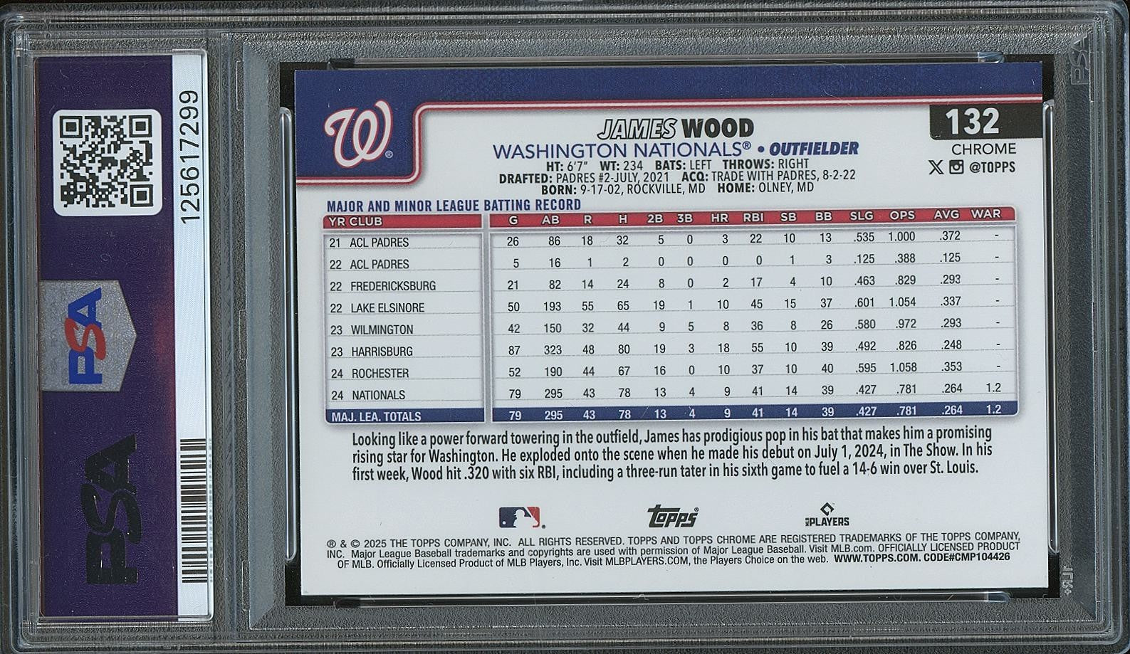 James Wood 2025 Topps Chrome Green Wave Refractor Rookie Nationals 92/99 PSA 10