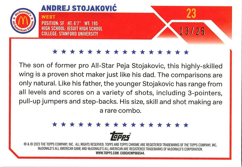 Andrej Stojakovic 2023 Topps Chrome Mcdonalds Orange Refractor 13/25