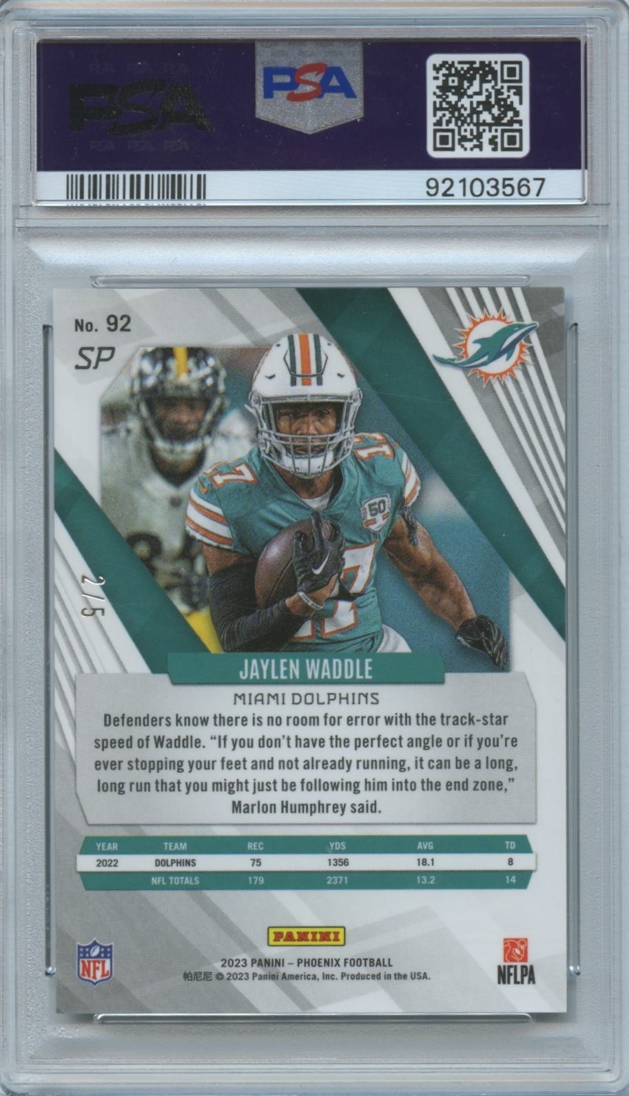 Jaylen Waddle 2023 Phoenix Onyx SP Shortprint 2/5 Miami Dolphins PSA 10
