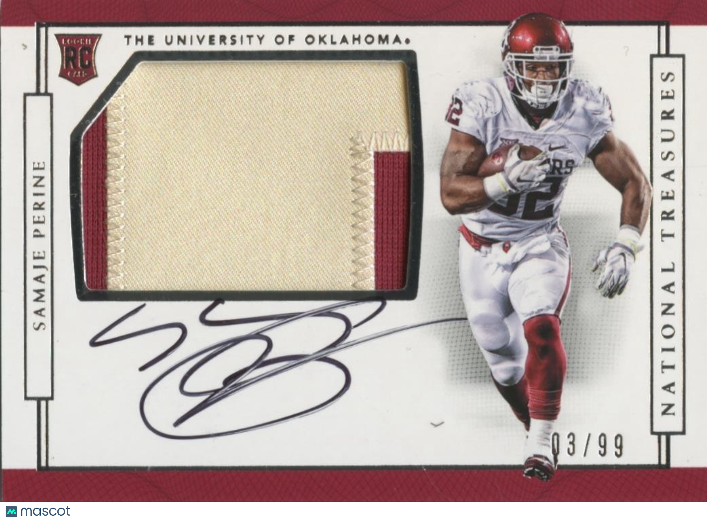 Samaje Perine 2017 National Treasures Auto Autograph Patch RC OU Sooners 3/99