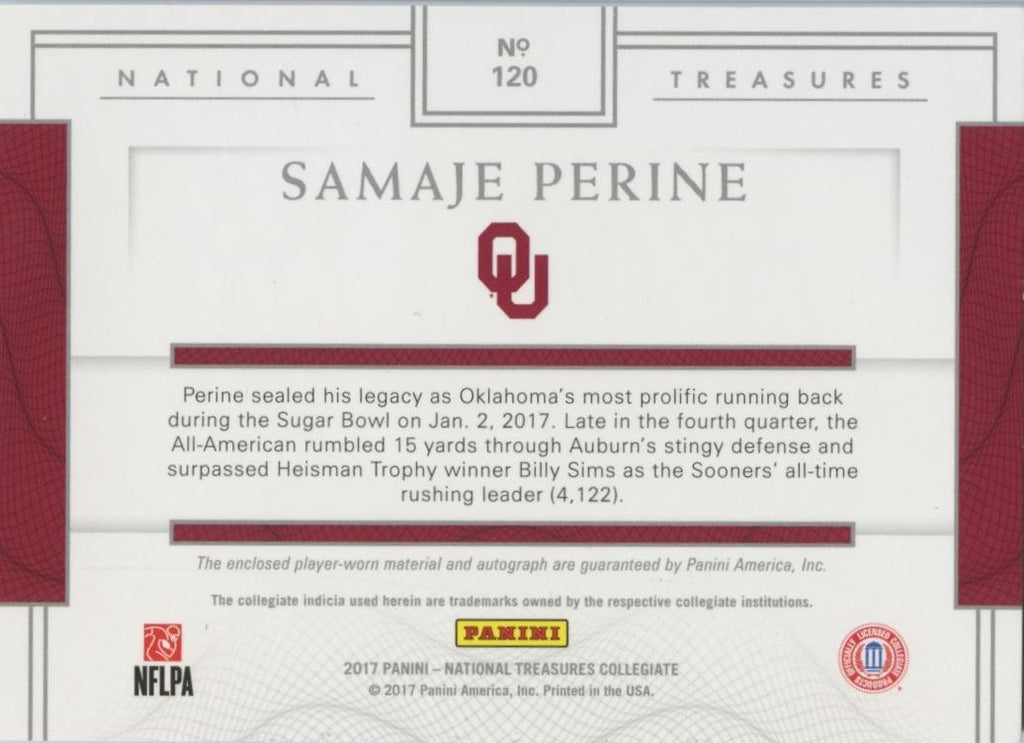Samaje Perine 2017 National Treasures Auto Autograph Patch RC OU Sooners 3/99