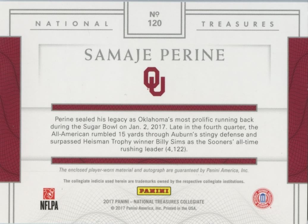 Samaje Perine 2017 National Treasures Auto Autograph Patch RC OU Sooners 3/99