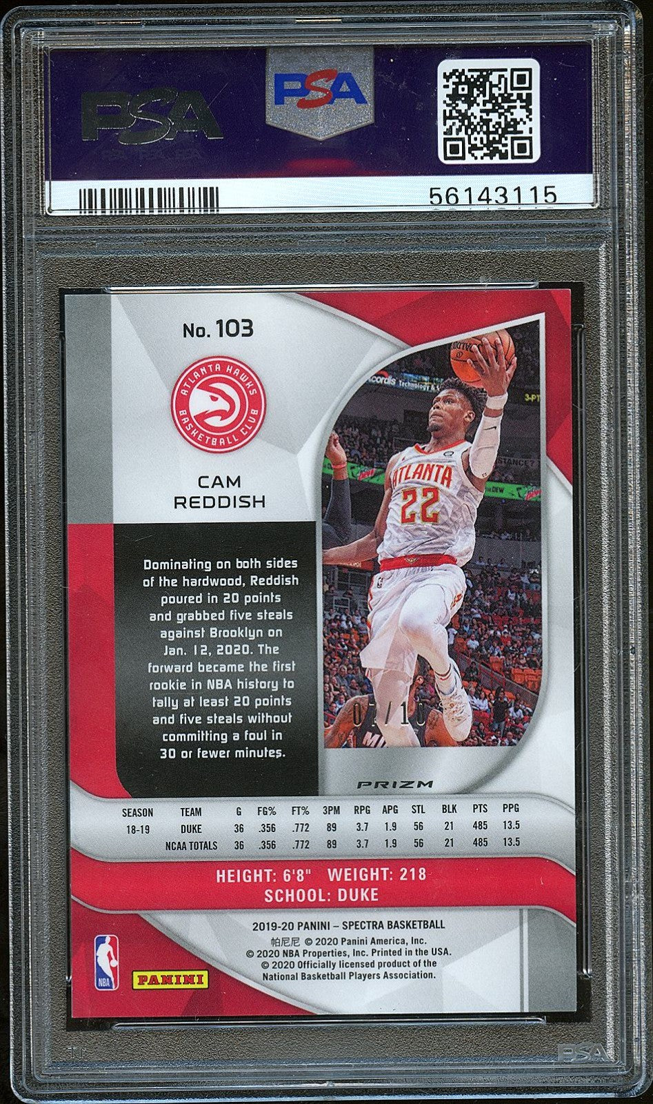 Cam Reddish 2019-20 Spectra GOLD Prizm Rookie RC Atlanta Hawks 7/10 PSA 9