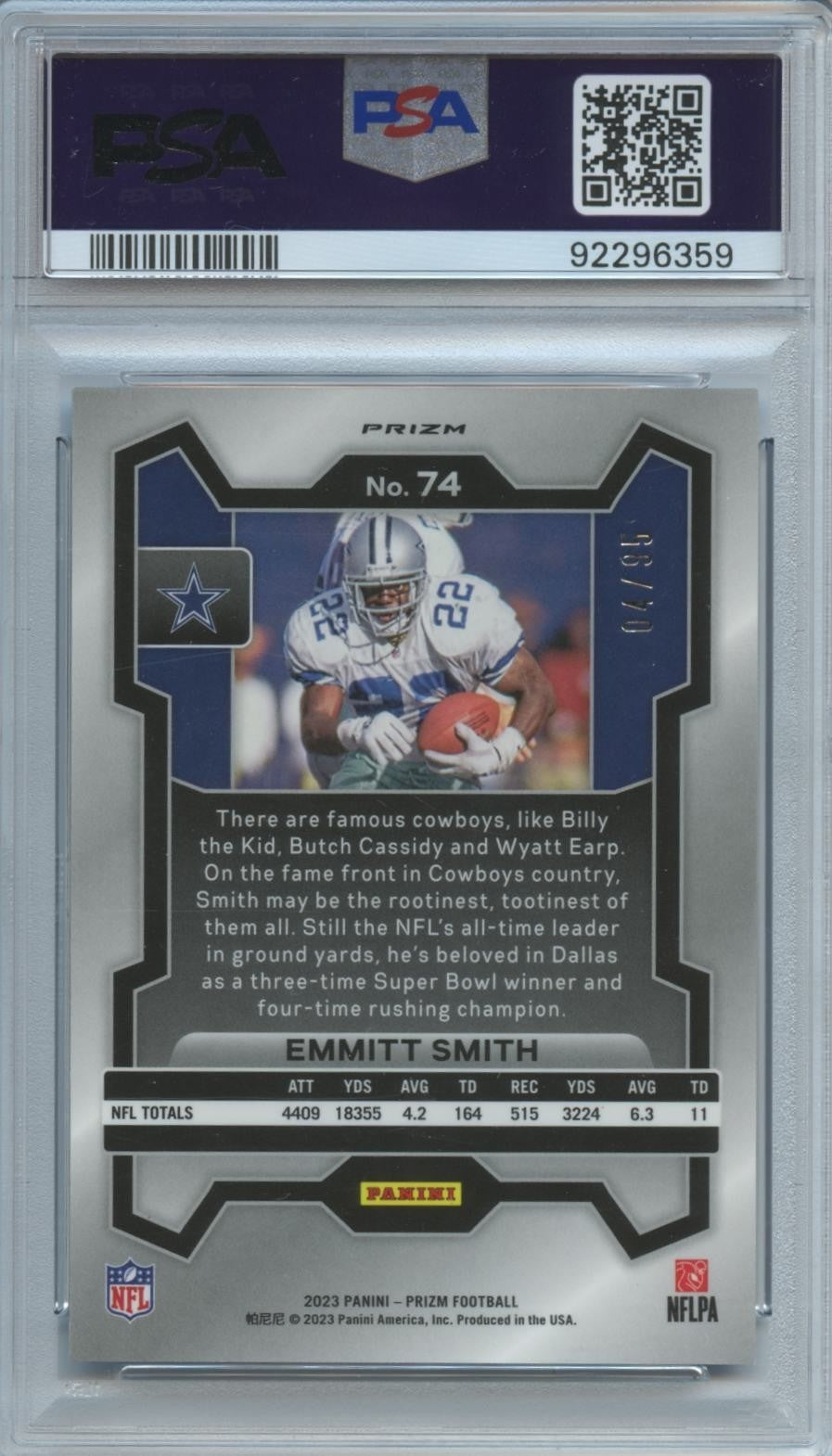 Emmitt Smith 2023 Prizm No Huddle Blue Prizm Dallas Cowboys 4/95 PSA 10