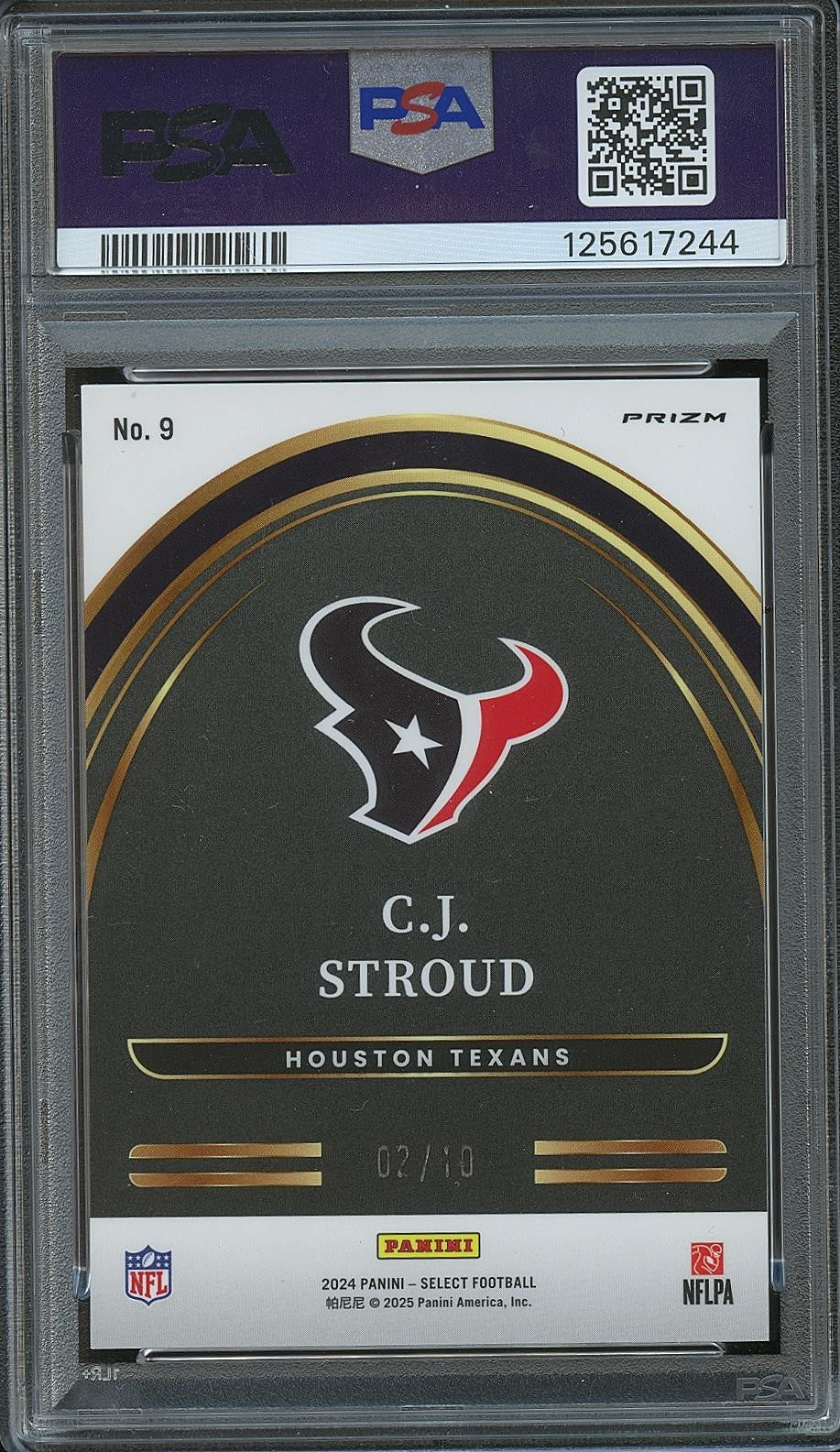 C.J.. Stroud 2024 Select Future GOLD Prizm SSP Houston Texans 2/10 PSA 10