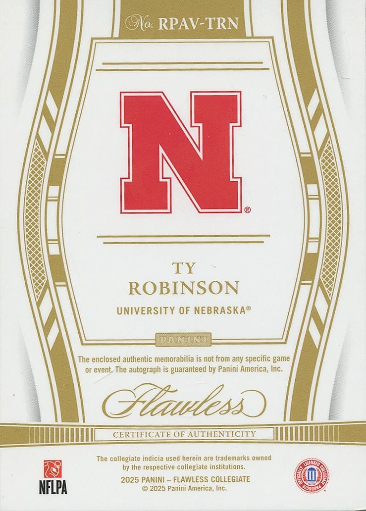 Ty Robinson 2025 Flawless RED Auto Autogrpah Patch RC Rookie Nebraska 19/20