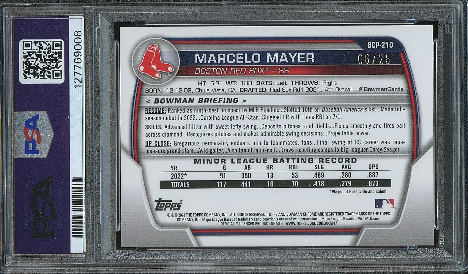 Marcelo Mayer 2023 Bowman Chrome Orange Refractor RC Rookie Red Sox 6/25 PSA 9