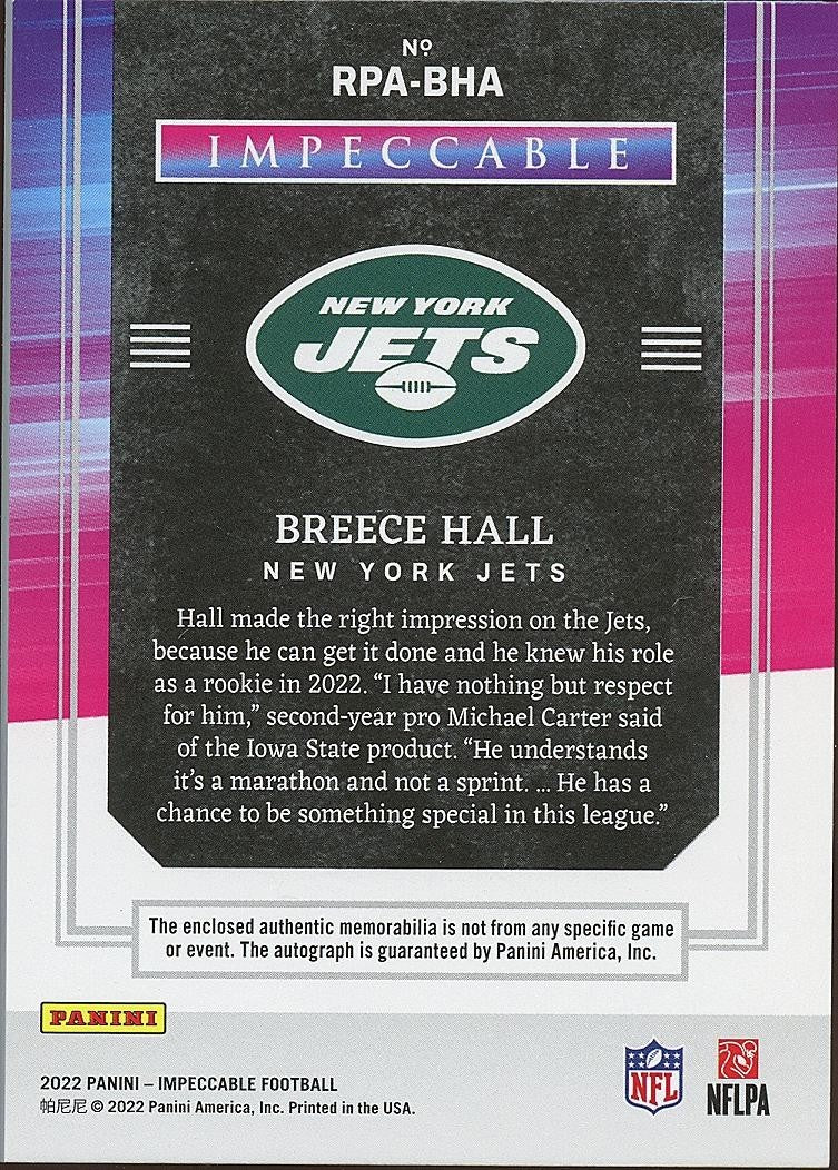 Breece Hall 2022 Impeccable Auto Autograph Patch RC Rookie New York Jets 23/25