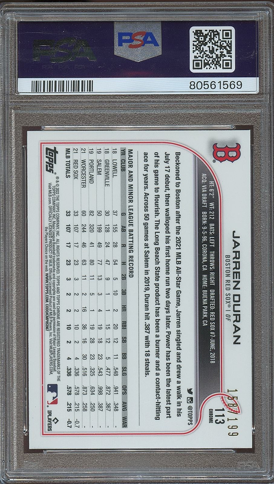 Jarren Duran 2022 Topps Chrome Aqua Wave Refractor Rookie RC Red Sox /199 PSA 9