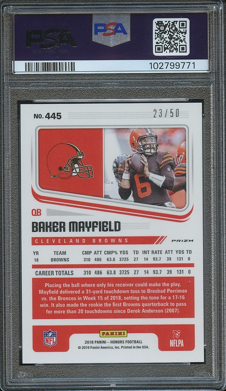 Baker Mayfield 2018 Honors Score GOLD Prizm Rookie RC Browns 23/50 PSA 10