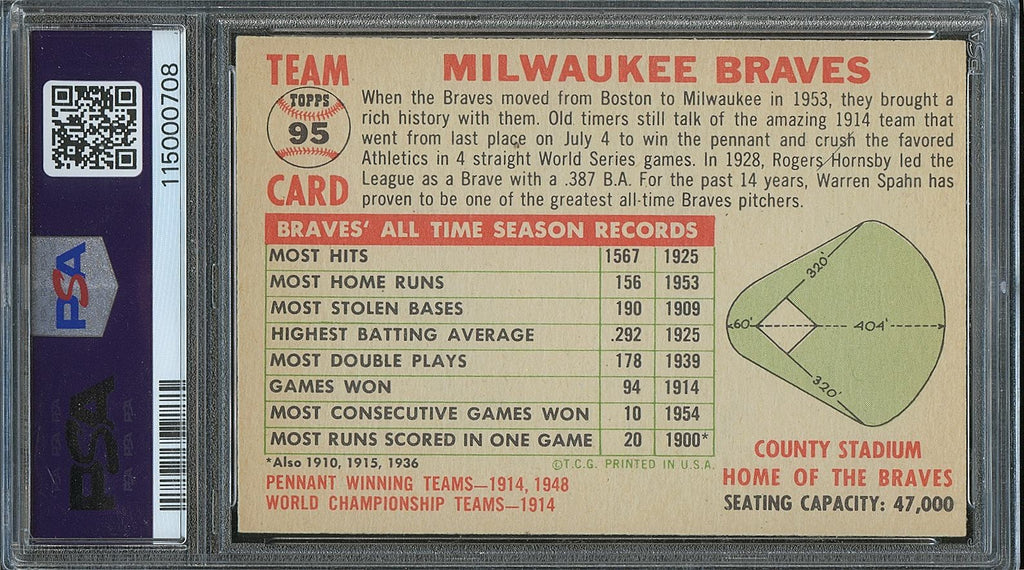 Milwaukee Braves Team Card 1956 Topps White Back With Date Hank Aaron #95 PSA 4
