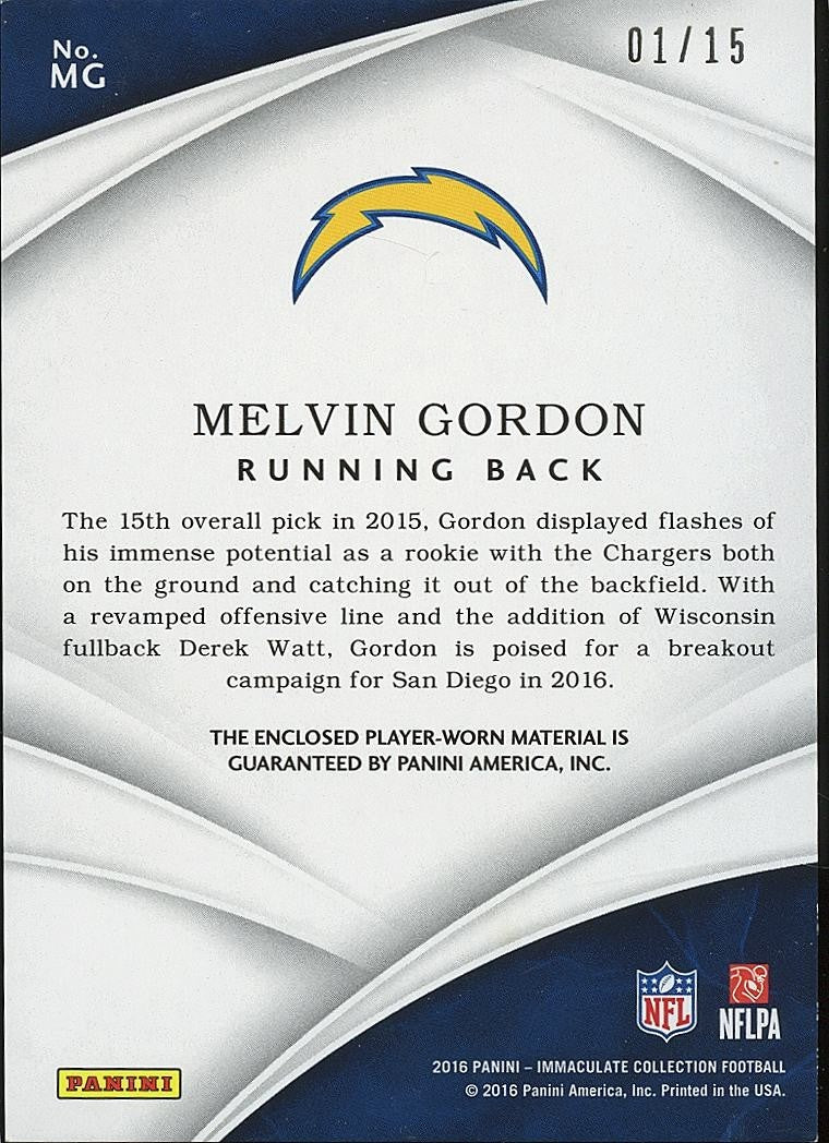 Melvin Gordon 2016 Immaculate Logos 3 Color Patch Los Angeles Chargers 1/15