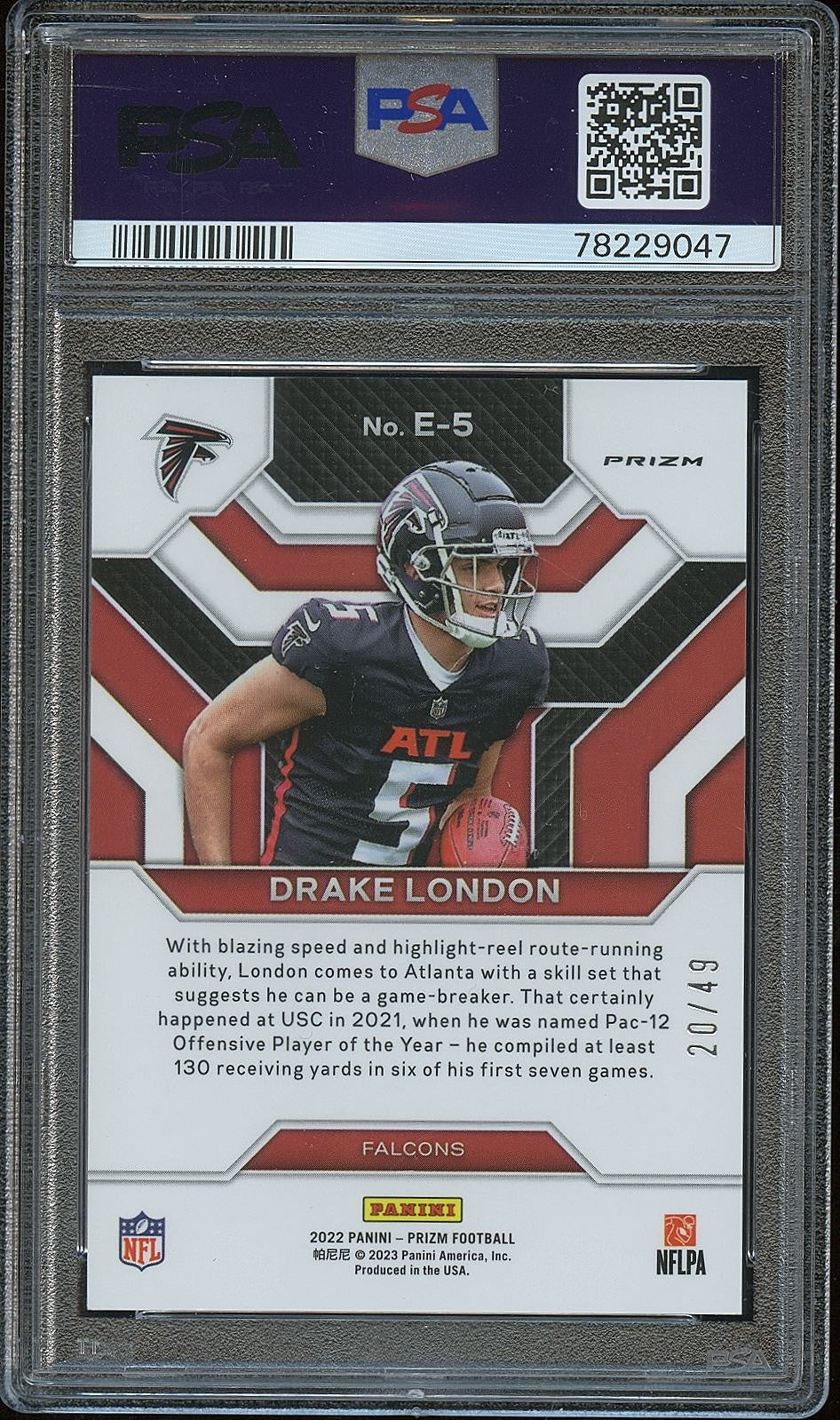 Drake London 2022 Prizm Purple Power Prizm Rookie RC Falcons 20/49 PSA 10