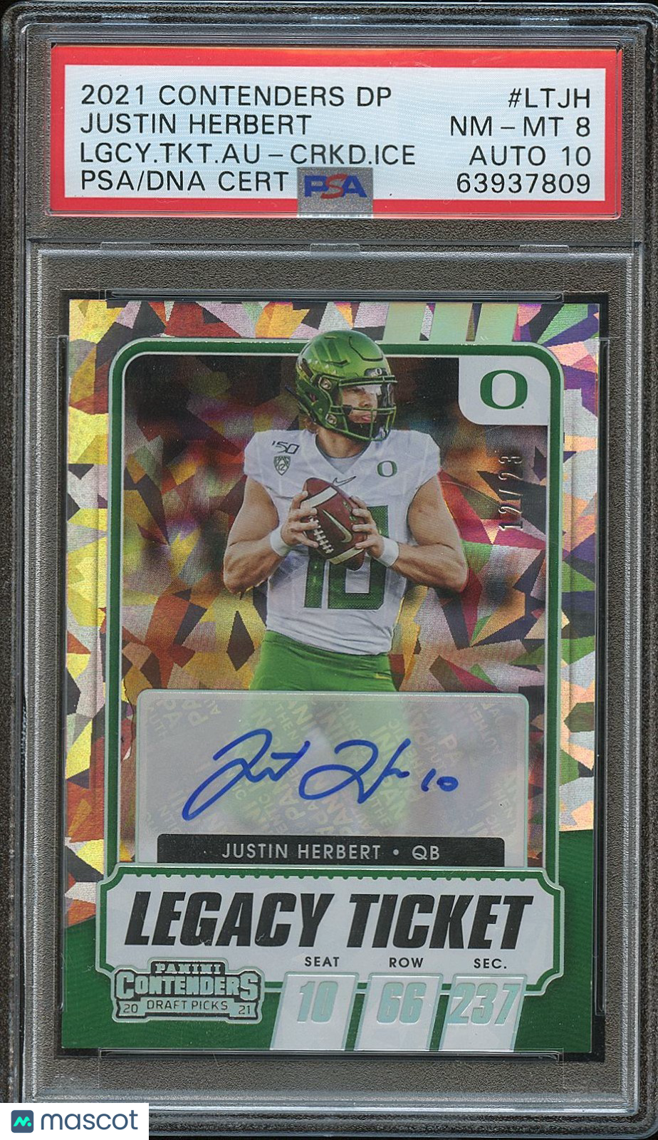 Justin Herbert 2021 Contenders Cracked Ice Auto Autograph Oregon 12/23 PSA 8 10